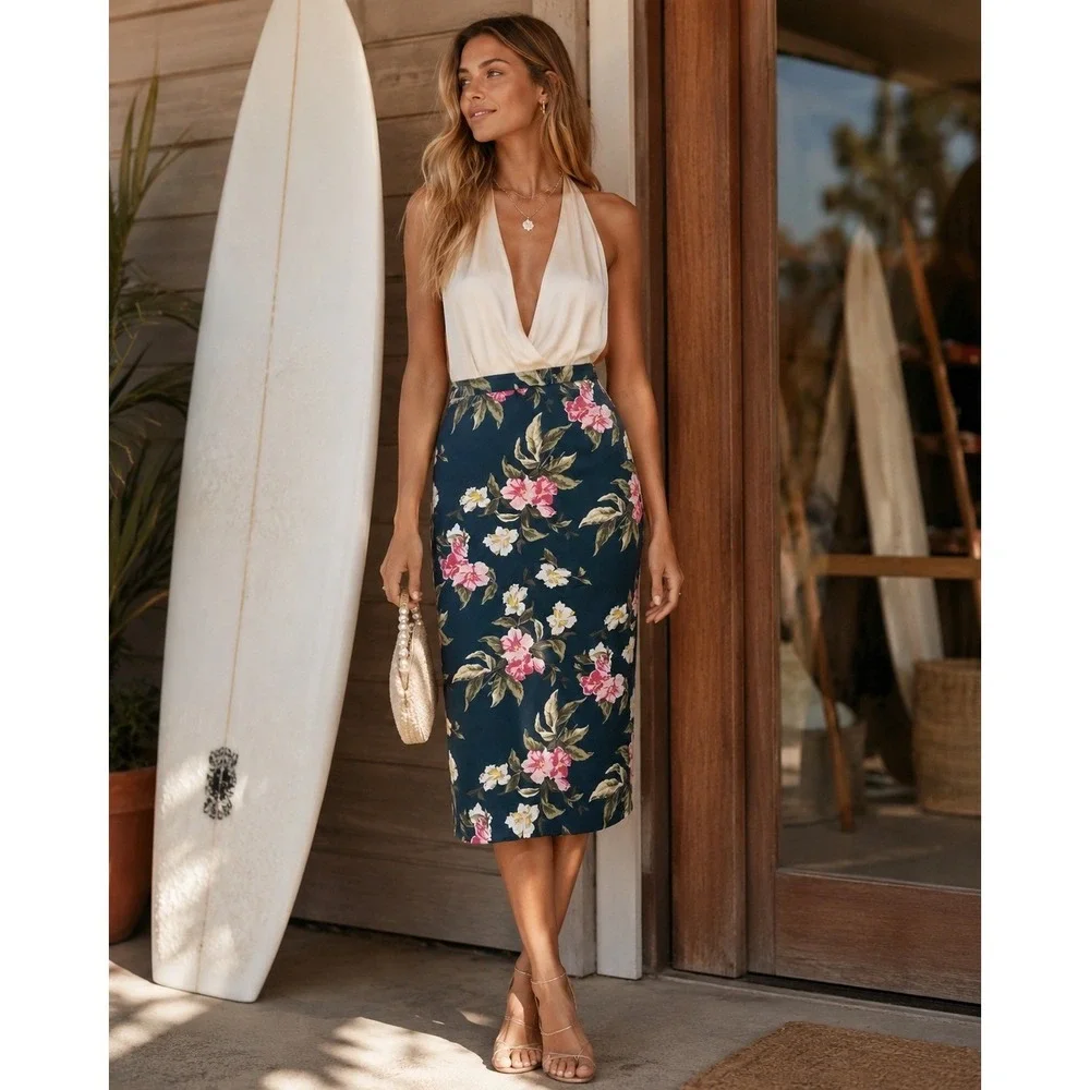 Volcom Floral Midi Skirt Teal Pink Hibiscus Tropical Pencil Skirt Size M - Picture 1 of 9